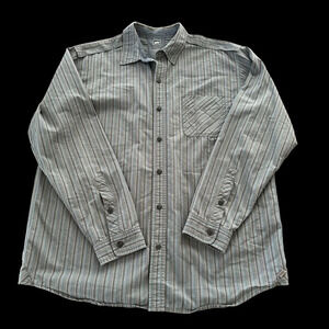 REI Men Large Blue Gray Button Up Shirt Cool Plus Striped Outdoor Hiking Camping